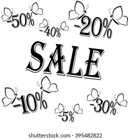 Set of labels with discounts from five to fifty percent with butterflies.Vector illustration