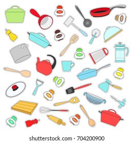 Set of labels with dishes in a flat style. Vector illustration.