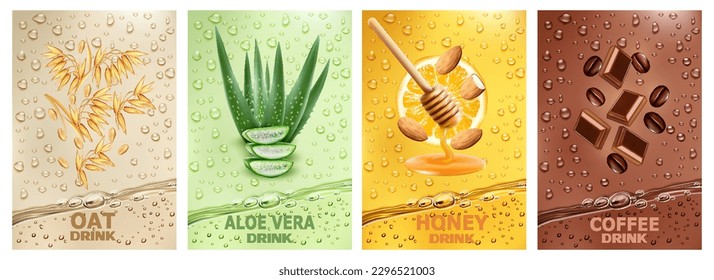 A set of labels with drinks from fruits and different foods. Fresh fruit juice splashes together - oats, aloe vera, honey, almond, orange, coffee in a drink. Vector illustration