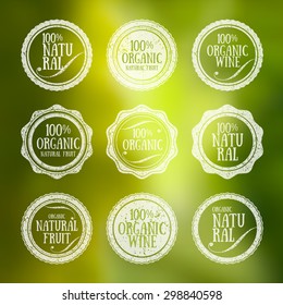 Set of labels for ecological or natural product.Background blur bright with natural environment.Blurred background vector