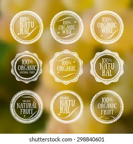 Set of labels for ecological or natural product.Background blur bright with natural environment.Blurred background vector