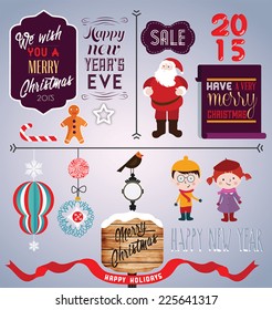 Set of labels and elements for Christmas and New Year.