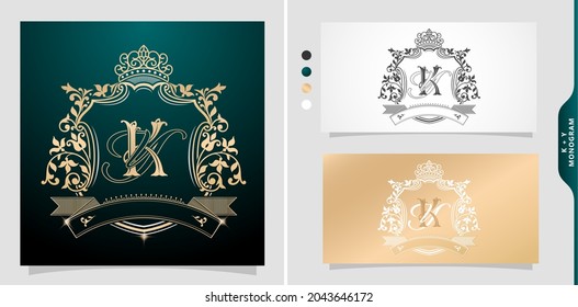 set of labels with elements a initial  letter ky or yk. graphic name title. Frame Border of floral designs with variation colors, KY or YK Monogram, for insignia, label, wedding invitation, name card.