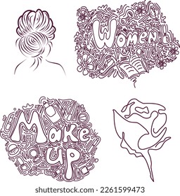 Set labels and elements with lettering for Women's day cards. Rose Women Make up doodle style.