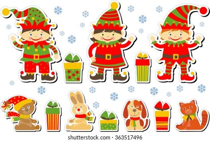 set of labels with elves, toys and gifts