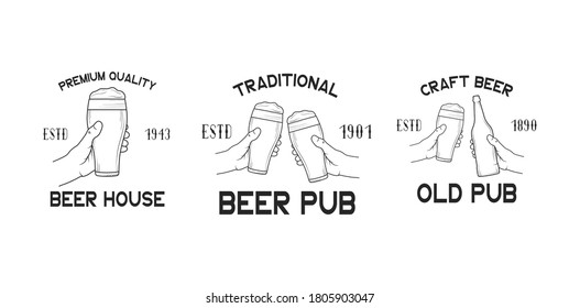 Set of labels, emblems and badges for beer house, pub, bar, restaurant menu. Vector illustration with vintage brand design.