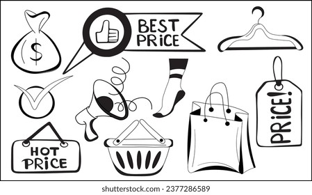 Conjunto de etiquetas y emblemas, iconos para descuentos, ventas. Concepto de ofertas calientes y lista de precios. Gran venta. Oferta especial, descuento y mega venta. Diseño de Doodle. 