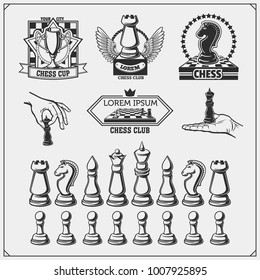 Set of labels, emblems, icons and signs for chess tournament. Vector illustration.