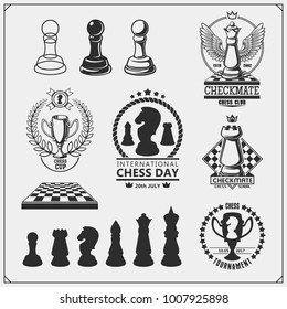Set of labels, emblems, icons and signs for chess tournament. Vector illustration.
