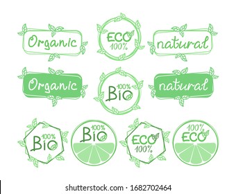 Conjunto de etiquetas, emblemas, signos, iconos para productos naturales, concepto de productos naturales. Diseño de vectores