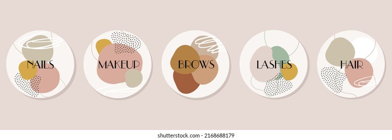 Set of labels, emblems. Template for actual stories. Set of logos. Vector hand drawn. Beauty salon services: brows, lashes, hair, makeup, nails.