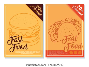 set labels of fast food, with twenty percent discount vector illustration design