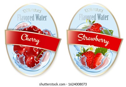 Set of labels with fruit and berries flavored water. Cherry, strawberry. Vector.