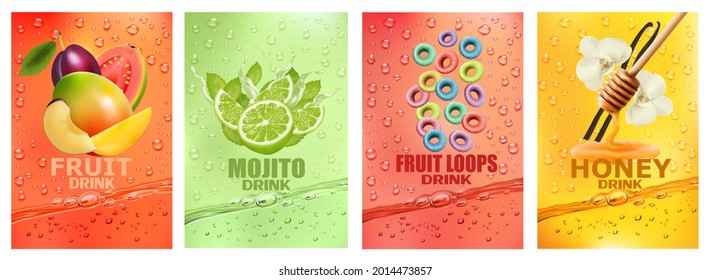 Set of labels with fruit and berry  drink. Fresh fruits juice splashing together- mango, banana, guava, lime, vanilla, fruit loops juice drink splashing. 3d fresh fruits. Vector illustration