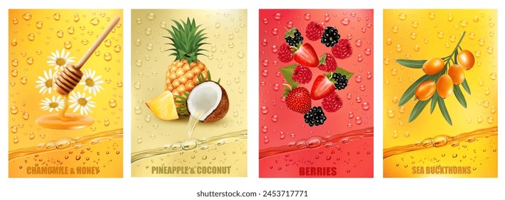 Set de etiquetas con fruta y bebida de bayas. Zumo de frutas frescas salpicando juntos - miel, manzanilla, coco, fresa, frambuesa, piña, espinos de mar jugo bebida salpicando. Vector