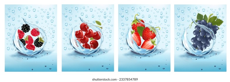 Un conjunto de etiquetas con fruta y bebidas con bayas. Frutas y bayas frescas en salpicaduras y gotas de agua: fresas, frambuesas, moras, cerezas y uvas. Ilustración vectorial.