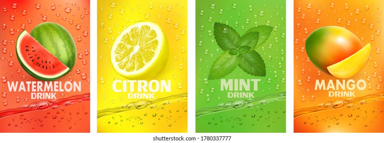 Set of labels with fruit drink. Fresh fruits juice splashing together- watermelon, citron, mint, mango juice drink splashing. Vector.