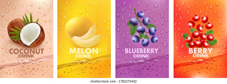 Set of labels with fruit drink. Fresh fruits juice splashing together- coconut, melon, blueberry, cranberry juice drink splashing. 3d fresh fruits. Vector illustration