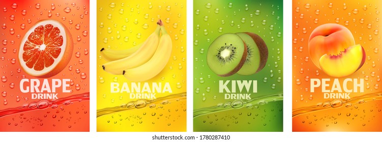 Set of labels with fruit drink.Fresh fruits juice splashing together- banana, kiwi, peach, grapefruit juice drink splashing. 3d fresh fruits. Vector illustration