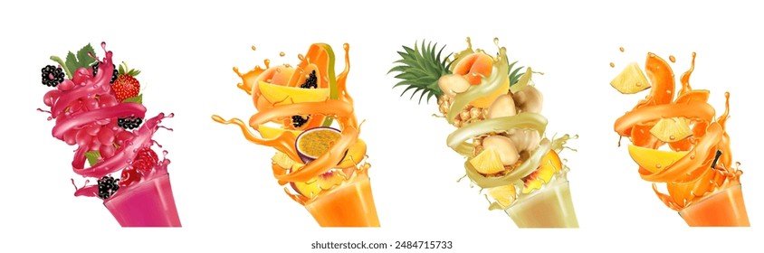 Conjunto de etiquetas con frutas en jugo y salpicaduras de batido. Fresa, piña, calabaza, melocotón, frambuesa, mora, cereza, jengibre, uva, papaya. Vector.