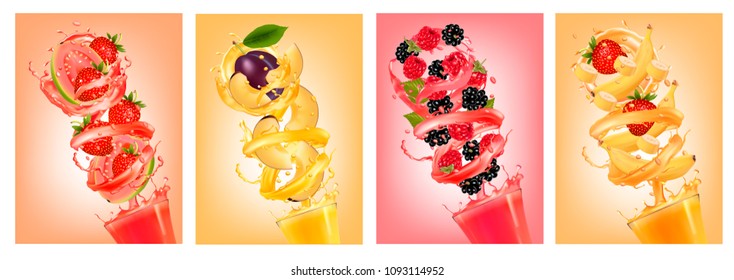 Set of labels of of fruit in juice splashes. Plum, guava, strawberry, banana, raspberry, blackberry. Vector.