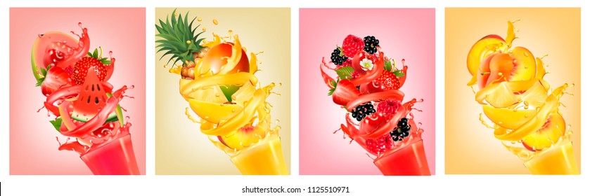 Set of labels with fruit in juice splashes. Strawberry, guava, watermelon, pineapple, mango, peach, raspberry, blackberry. Vector.