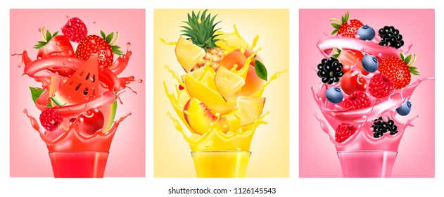 Set of labels with fruit in juice splashes. Strawberry, guava, watermelon, pineapple, peach, raspberry, blackberry, blueberry. Vector.