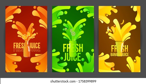 Set of labels of of fruit in juice splashes. water splash from fresh juice, green and red liquids colorful concept, abstract beverage background. Tamplate for cover product vegetarian drinks