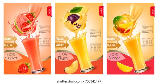 Set of labels of of fruit in juice splashes. Strawberry, guava, plum, mango. Vector.