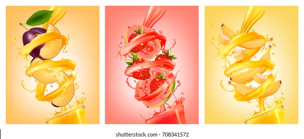 Set of labels of of fruit in juice splashes. Plum, guava, strawberry,banana. Vector.