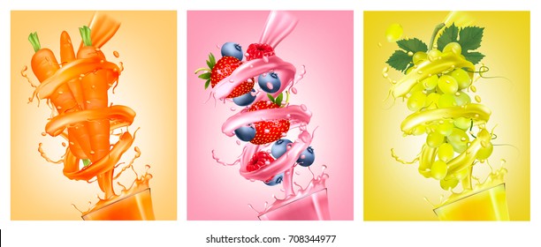 Set of labels of of fruit in juice splashes. Strawberry, blueberry, raspberry, carrot, grapes. Vector.