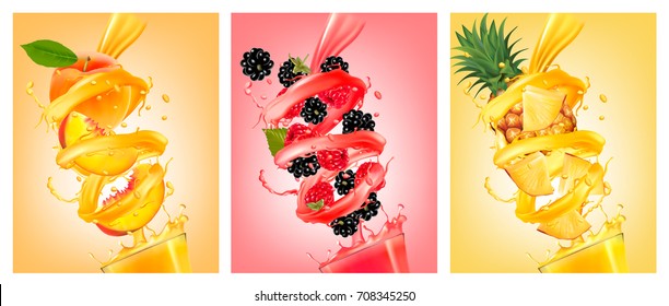 Set of labels of of fruit in juice splashes. Peach, strawberry, blackberry, pineapple. Vector.