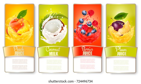 Set of labels of of fruit in juice splashes. Peach, coconut, raspberry, blueberry, plum. Vector.