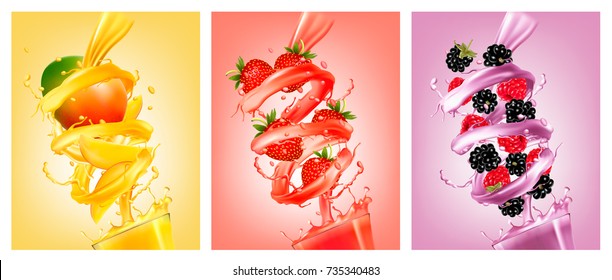 Set of labels of of fruit in juice splashes. Mango, strawberry, raspberry, blackberry. Vector.