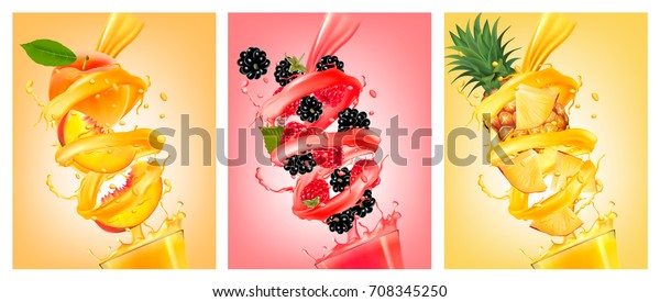 Set of labels of of fruit\
in juice splashes. Peach, strawberry, blackberry, pineapple.\
Vector.
