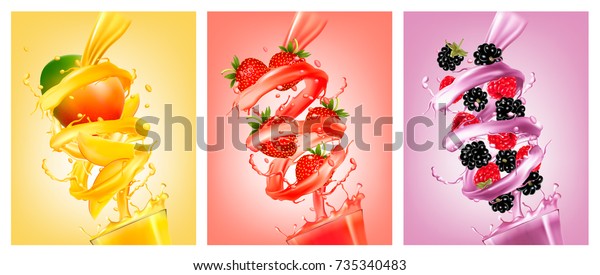 Set of labels of of fruit
in juice splashes. Mango, strawberry, raspberry, blackberry.
Vector.