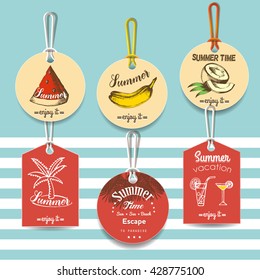 Set of labels with fruit and summer symbols  on a blue  background. Summer time. The tag for the advertising and web design. Vector graphics.