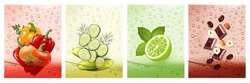 Set Of Labels With Fruit And Vegetables Drink. Fresh Fruits Water Splashing Together- Pepper, Tomato, Cucumber, Dill, Onion, Parsley, Lime, Mint, Coffee, Hazelnut, Chocolate In Water Drink. Vector
