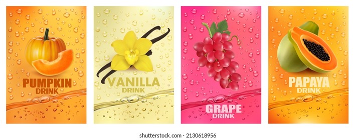 Set of labels with fruit and vegetables drink. Fresh fruits juice splashing together- grape, vanilla, pumpkin, papaya juice drink splashing. 3d fresh fruits. Vector illustration