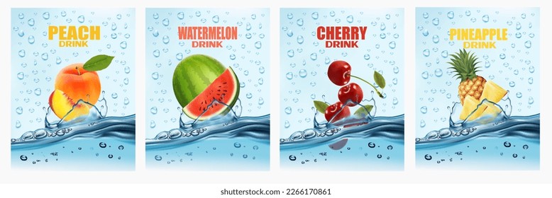 Set of labels with fruit and vegetables drink. Fresh fruits juice splashing together- peach, watermelon, cherry, pineapple in water drink splashing. 3d fresh fruits. Vector illustration.