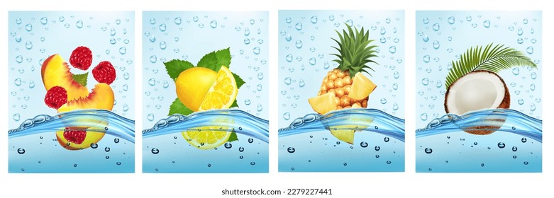 Set of labels with fruit and vegetables drink. Fresh fruits juice splashing together- citron, peach, pineapple, coconut in water drink splashing. Vector illustration.