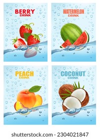 Set of labels with fruit and vegetables drink. Fresh fruits juice splashing together- peach, watermelon, strawberry in water drink splashing. 3d fresh fruits. Vector illustration.