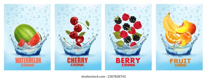 Set of labels with fruit and vegetables drink. Fresh fruits juice splashing together- peach, watermelon, cherry, raspberry, blackberry in water drink splashing. 3d fresh fruits. Vector illustration.