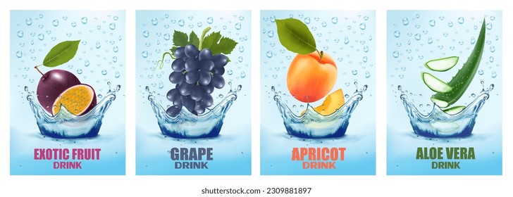 Set of labels with fruit and vegetables drink. Fresh fruits juice splashing together- passion fruit, grape, apricot, aloe vera in water drink splashing. 3d fresh fruits. Vector illustration.