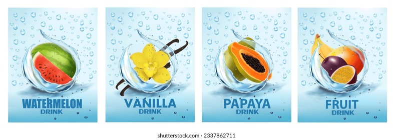 Set of labels with fruit and vegetables drink. Fresh fruits juice splashing together - watermelon, vanilla, papaya, mango, banana in water drink splashing. Vector illustration.