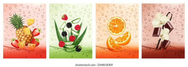 Juego de etiquetas con fruta y verdura bebida. Frutos dulces salpicando agua - piña, fresa, aloe vera, frambuesa, naranja, chocolate, vainilla en agua beberon salpicando. Vector 