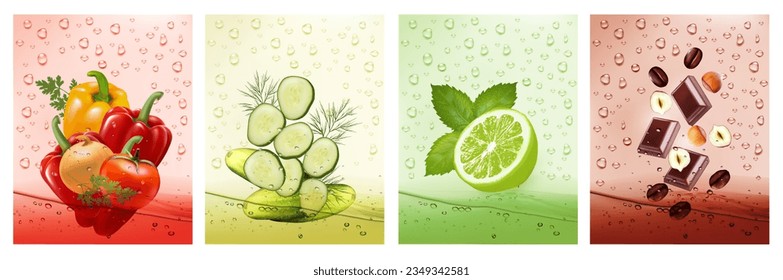 Set of labels with fruit and vegetables drink. Fresh fruits water splashing together- pepper, tomato, cucumber, dill, onion, parsley, lime, mint, coffee, hazelnut, chocolate in water drink. Vector