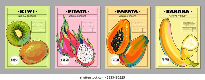 Conjunto de etiquetas con frutas. Frutos tropicales banana, pitaya, papaya y kiwi. Colección de plantillas de fruta, afiches, etiquetas de precio, cubiertas. Estilo de dibujos animados, ilustración vectorial.