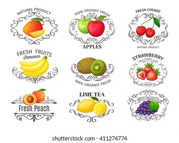 Set  labels with fruits. Vintage design fuits for brochures, banner, restaurant menu and  cafe . Vector set  fruits and calligraphy frame. 