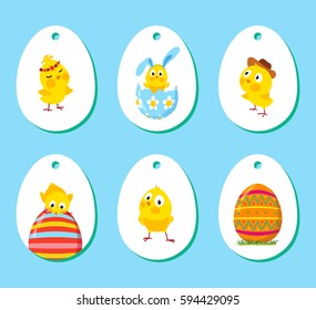 Set of labels with funny chickens and eggs for Easter decoration, Cartoon vector tag